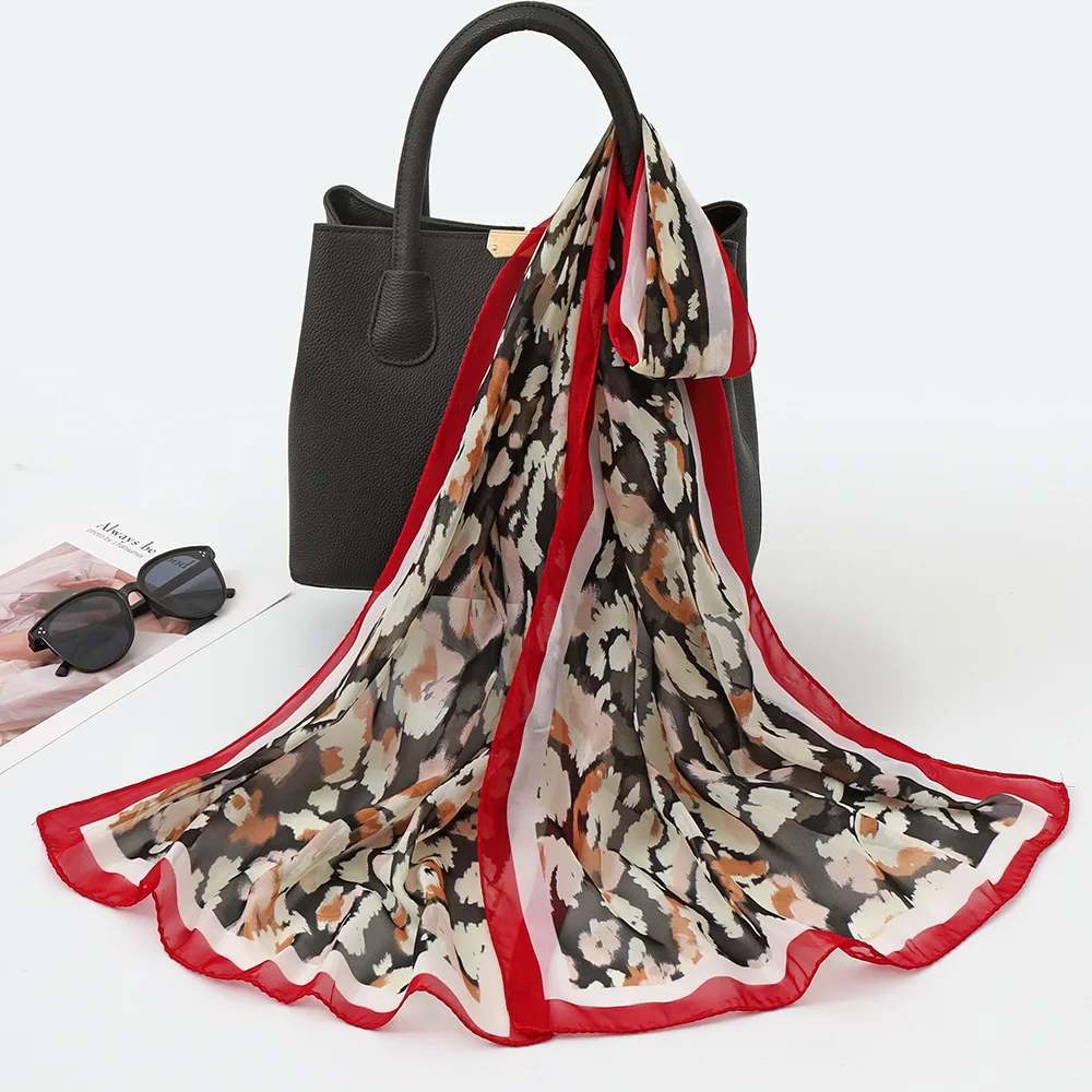 Women 50x160cm Simulation Silk Long Shawl floral print Plant Lightweight Outdoor Travel Sunscreen Hijab Scarf