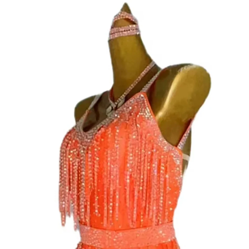 

Latin Dance Competition Women's High-end Custom Orange Diamond Chain Suspenders Cha Cha Samba Performance Rhinestone Dress