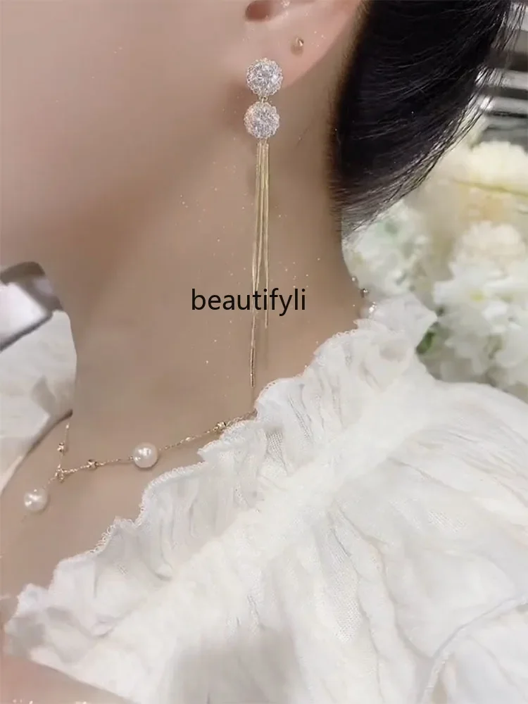 Korean temperament zircon long fringed earrings women's earrings high-end silver needle earrings