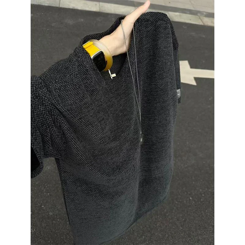 Vintage American Men Scale Mesh Textured T Shirt Summer Luxury Designer Loose Oversized Short Sleeve Casual Streetwear Top