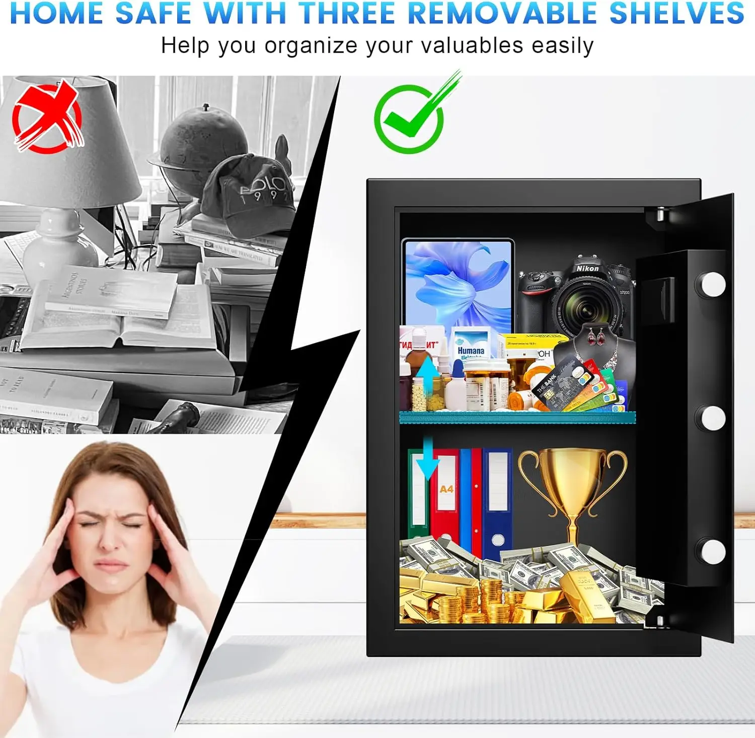 3.0 Cuft Large Biometric Safe Box, Personal Safes for Home Use Fire and Water Proof with Fingerprint Lock, Fireproof Safe with F