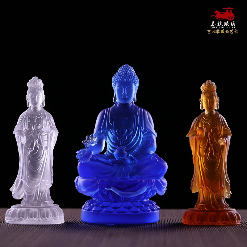 

Coloured glaze Oriental Three Saints Sunlight and Moonlight Bodhisattva Medicine Buddha handicraft ornaments Buddhist worship