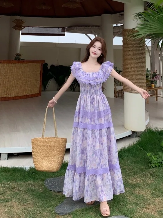 

plus Size Women's Vintage Floral Print Short Sleeve Dress Slim Fit High Waist Long Dress Beautiful Summer New Style Korean Style