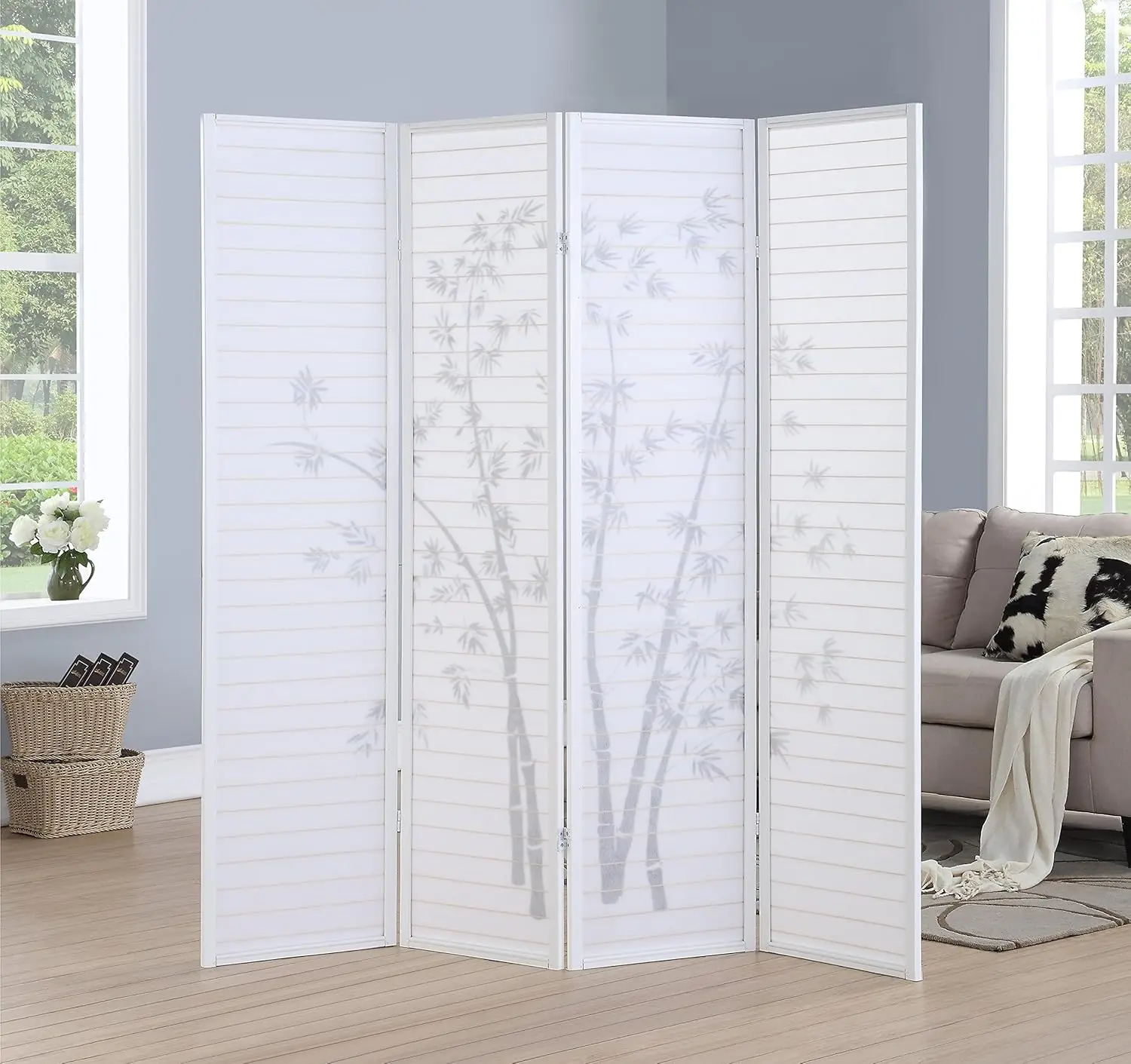 4-Panel Room Divider with Bamboo Print, 72W x 71H, Sturdy Mortise & Tenon, White