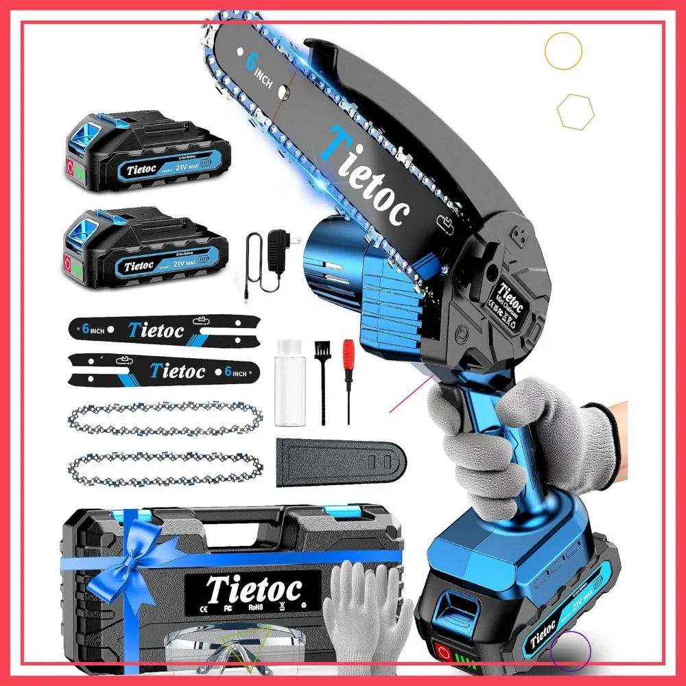 

6-Inch Cordless Mini Chainsaw with 880W Motor, Auto Oiler, 2 Batteries & Chains, Tree Trimming Tool for Men and Gardeners