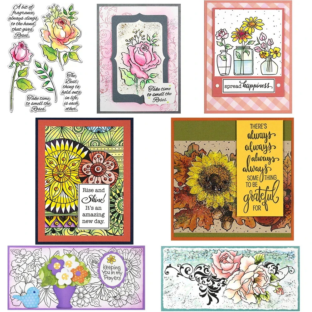 Schöne Blüten, Rose, Sonnenblume, klare Stempel, feine Blumen und Blätter, Stempelset für Scrapbooking, Dekoration, Bastelkarten, NEU
