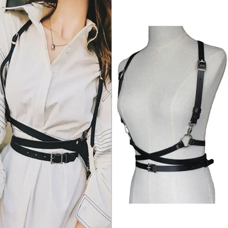 

Gothic Handmade PU Leather Harness Belts Fashion Faux Leather Cage Vest Chest Sculpting Body Strap Waist Belt Cincher Harajuku