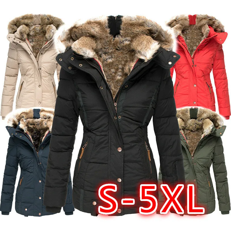 S-5XL Winter Faux Fur Lining Cotton Puff Overcoat Women Slim Fit Long Sleeves Thicken Warm Zipper Windbreaker With Hooded