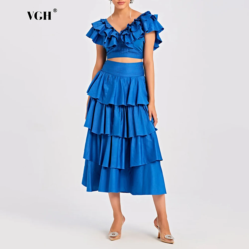 

VGH Solid Temperament Two Piece Sets For Women V Neck Sleeveless Short Top High Waist Long Skirt Designer Set Female Fashion New