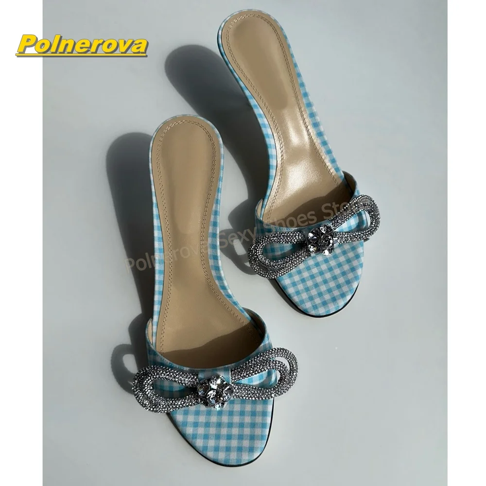 Rhinestone Bow Decor Stiletto Mules Black Patent Leather Open Toe Slip On Sandals Elegant Wedding Party Summer Slides 2026 Trend