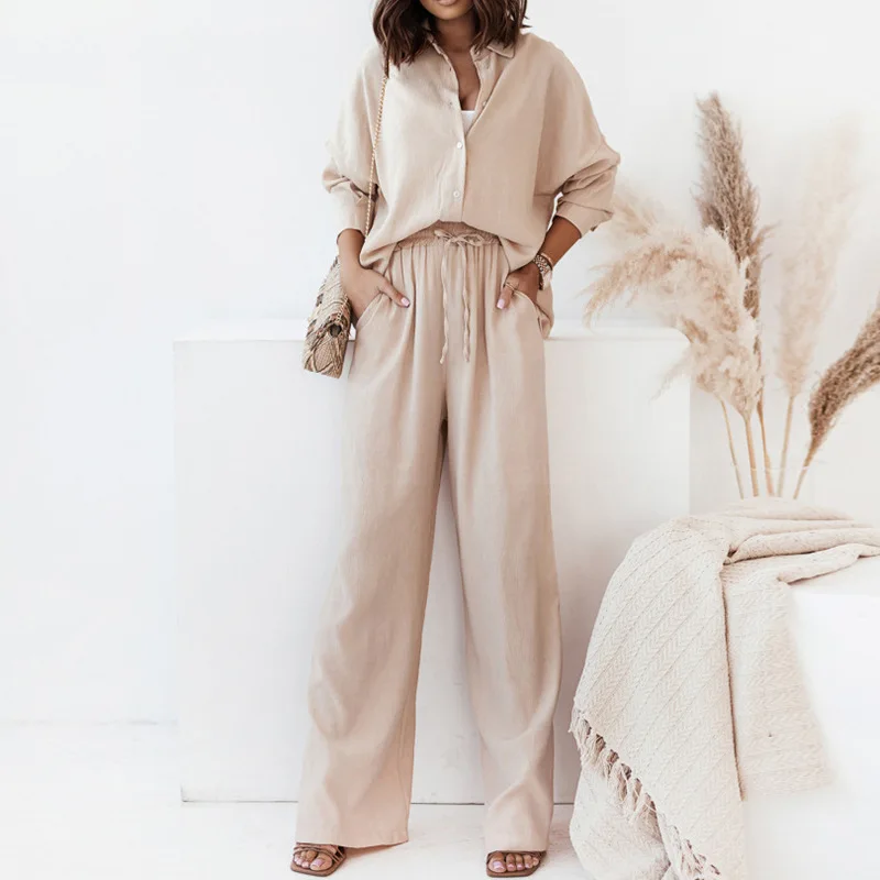 Women\'s Trousers Suit New Casual Shirt Suit Simple Solid Color Half Open Collar Shirt High Waist Trousers Two-piece Set