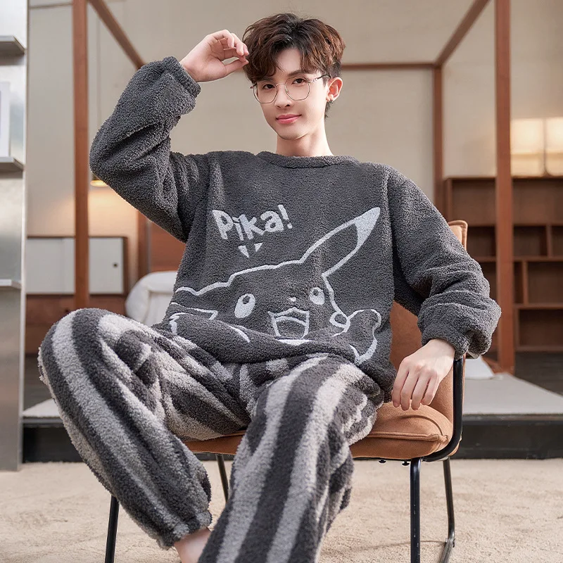 High Quality Sleepwear Suit Men Autumn Winter Coral Velvert Plush Warm Thick Pajamas Set Youth Coral Fleece Homewear Male