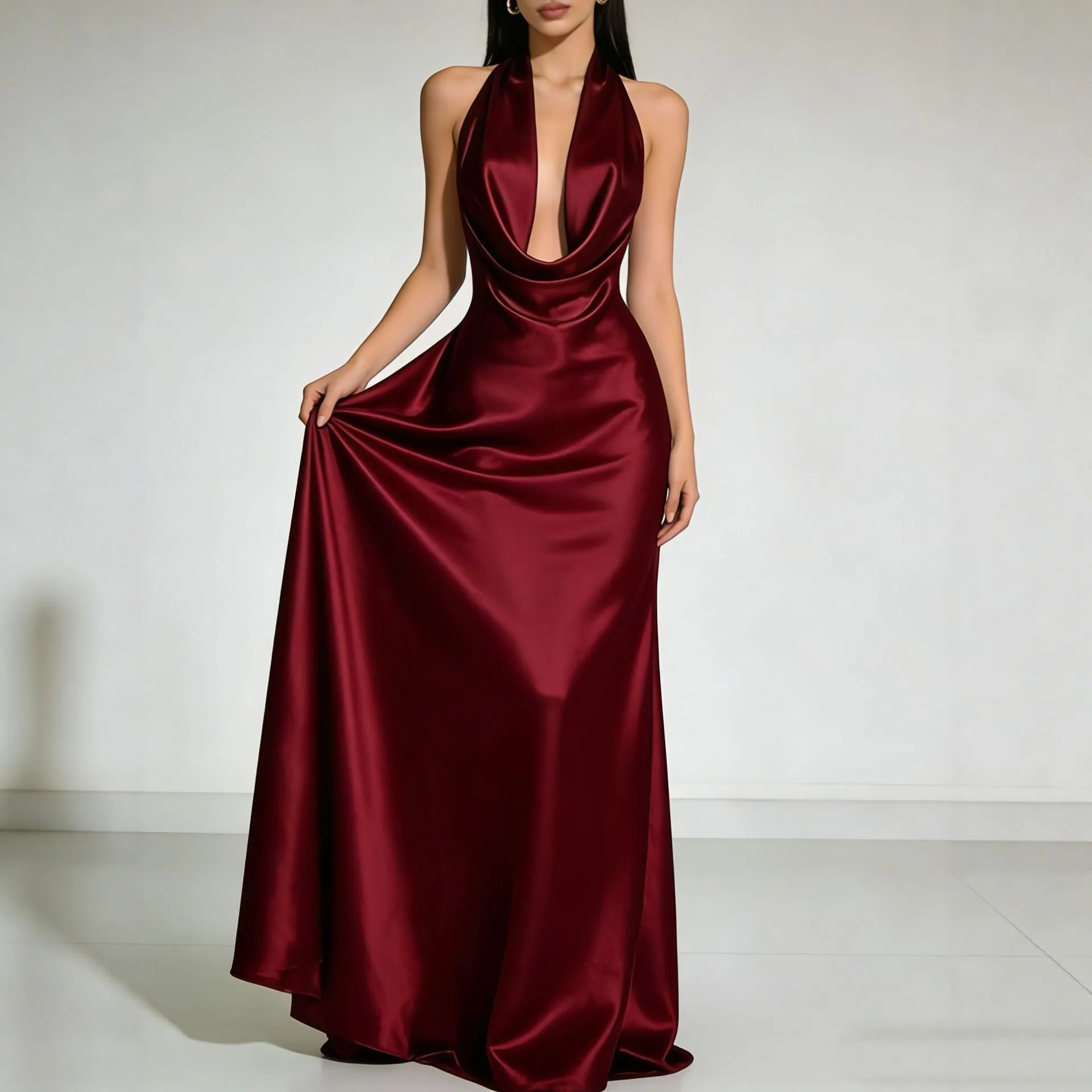 Elegant Party Wedding Guest Evening Dress Satin Deep V Neck Dresses Halter Neck Slim Fit Gown Floor Length Wrap Front Maxi Dress