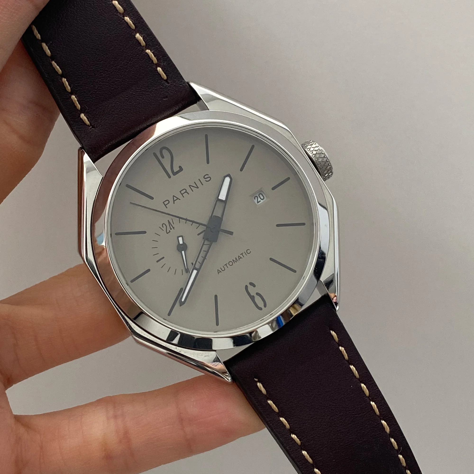 Parnis 43mm Silbernes Edelstahlgehäuse Leuchtende Miyota Automatik-Mechanische Herrenuhren Braunes Lederarmband Kalender Herrenuhr