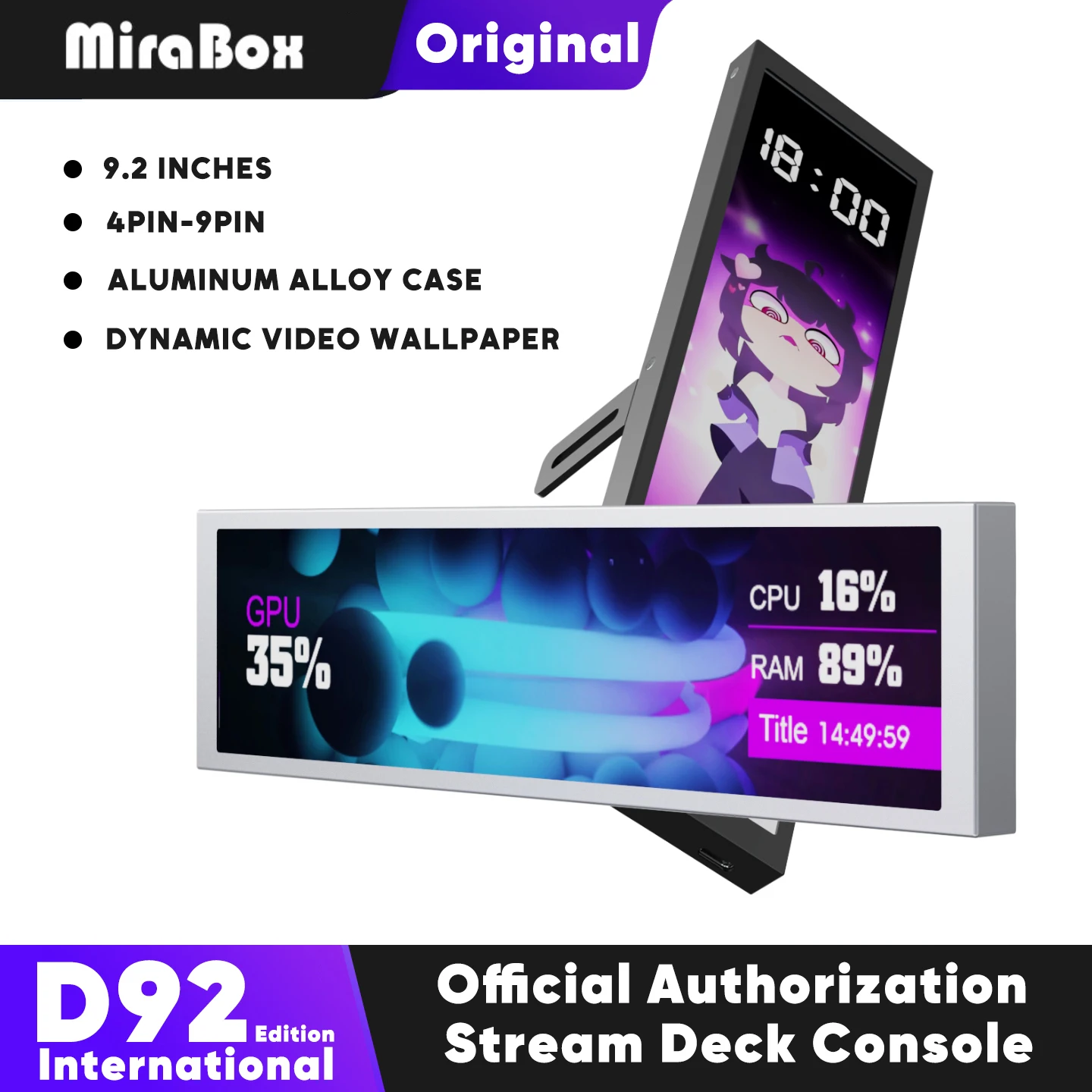 MiraBox D92 9.2 Inch Smart Screen, Internal Case Monitor for CPU GPU Temperature, Wallpaper GIF Display for PC cases