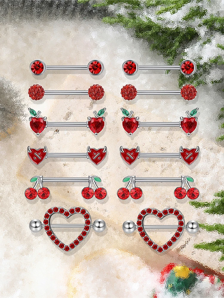 KUNIU 12pcs Fashion y2k Heart Shaped Apple Cherry Fruit Little Devil Heart Shaped Breast Ring Women Body Piercing Jewelry Set