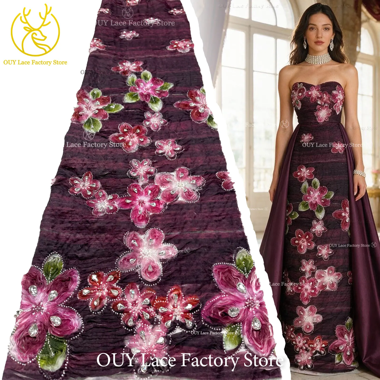 Elegant 3D Petal Rhinestone Textured Lace Luxury African Sparkling Beaded Sequin Lace for Banquet Long Gowns & Formal Dresses