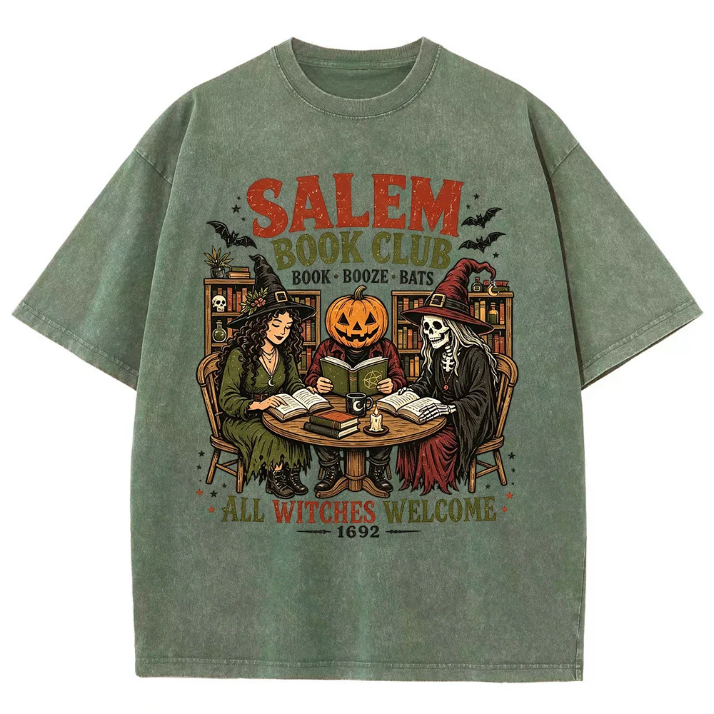Halloween Salem Book Club Vintage Washed T-shirt Witch Skeleton Pumpkin Graphic Unisex Oversized Short Sleeve Gothic Fall Tee