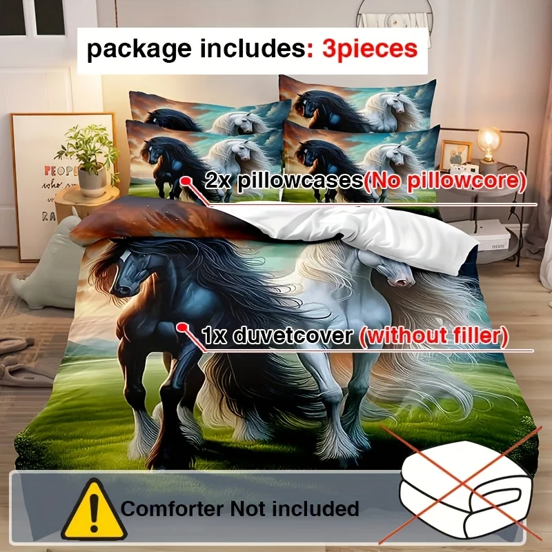 Black Horse and White Horse Duvet Cover Set Multi Size Quilt Cover Queen Size Bedroom Bedding Decoration Machine Washable Adult Boy Girl Bedroom