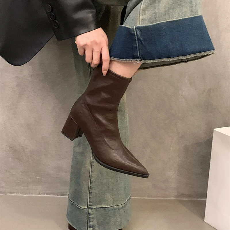 

Spring and Autumn Winter High Heels Thick Heels Pointed French Ankle Boots Brown Velvet Boots for Women