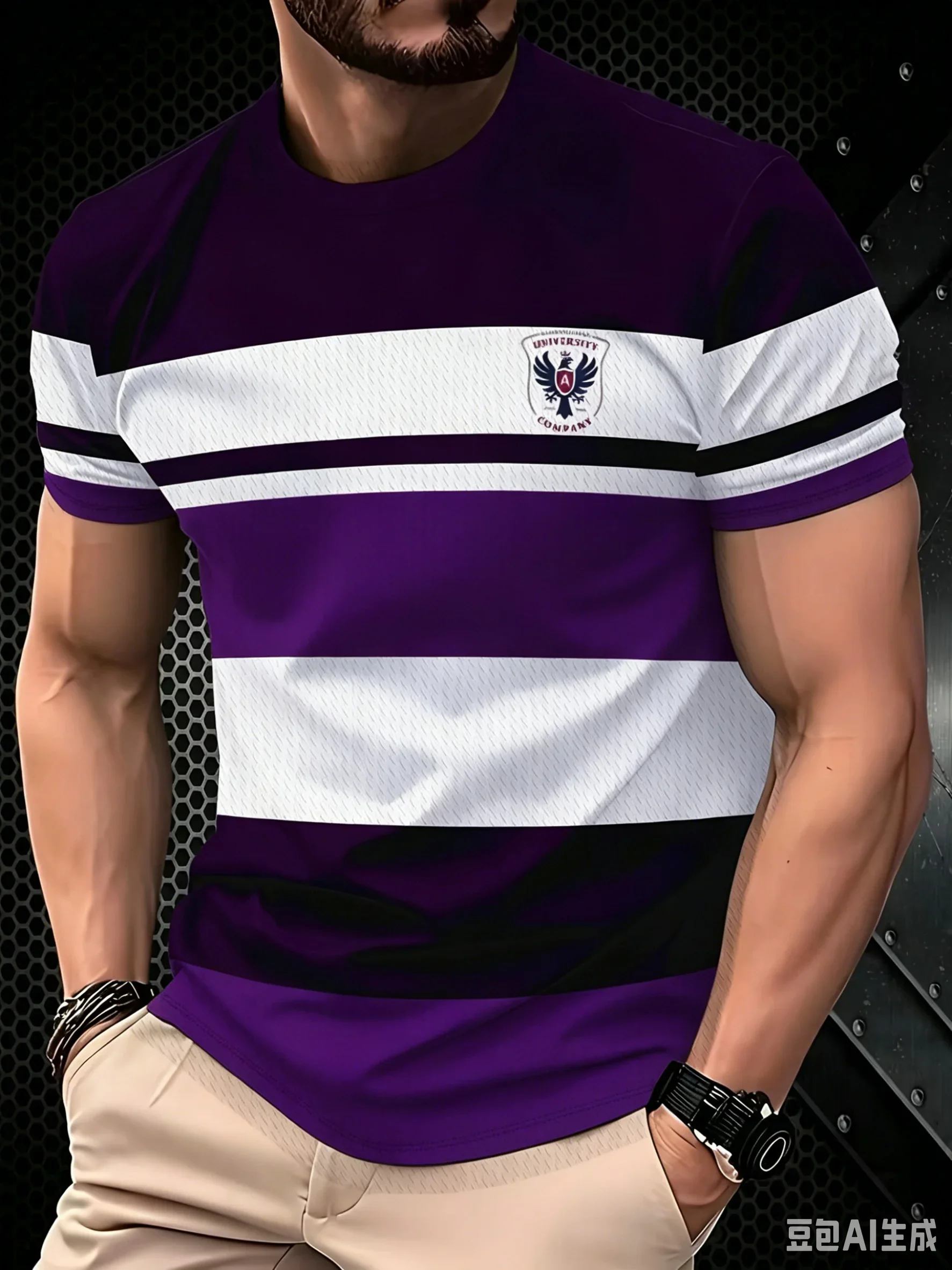 Fashion Striped Color Block Men's T-Shirt Breathable Mesh Crew Neck Casual Tee College Style Summer Short Sleeve Tops
