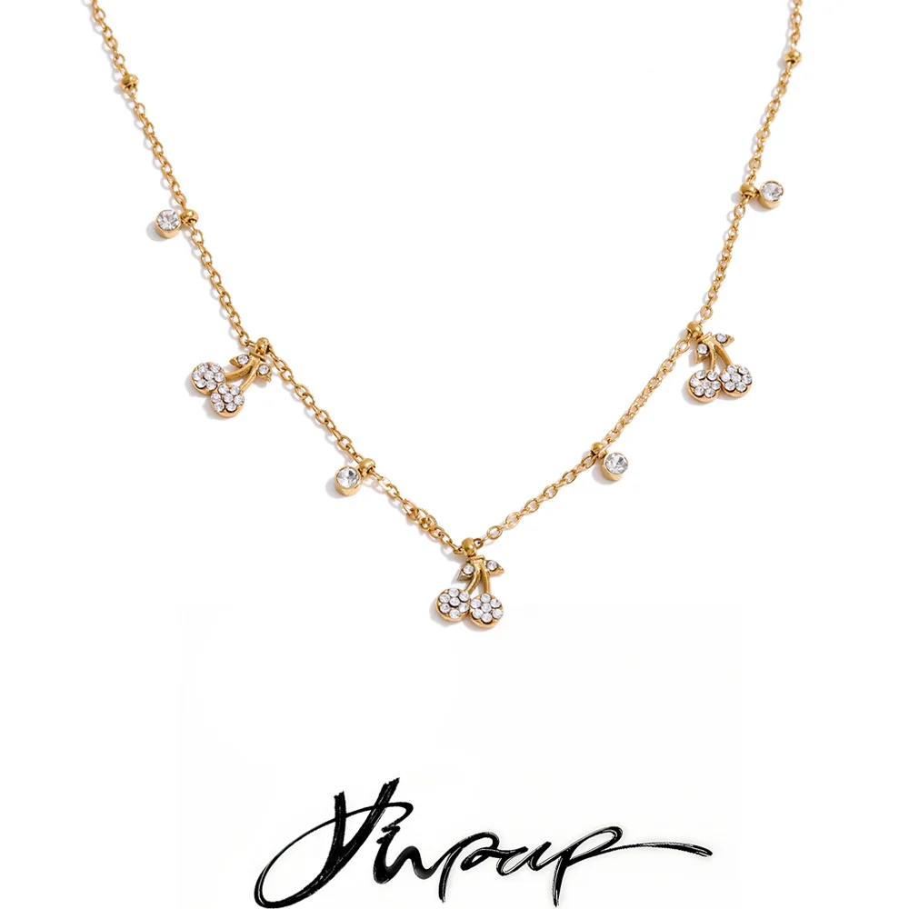Yhpup Stainless Steel Cubic Zirconia Cherry Charms Drop Necklace 18K Gold Color PVD Plated Fruit Fashion Collar Jewelry