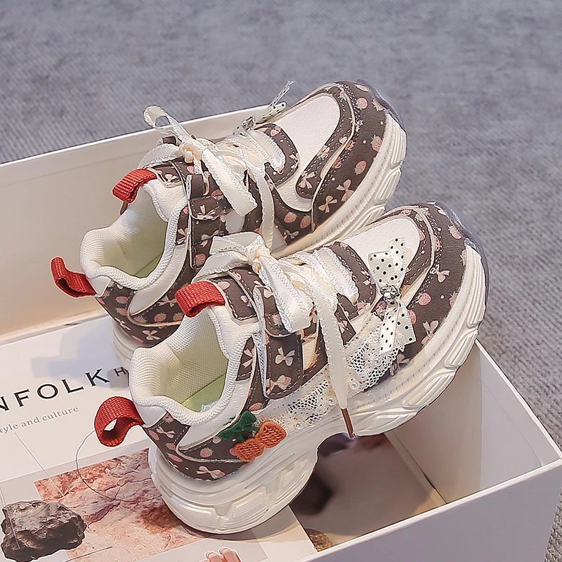 Toddler Girls Floral Sneakers Lace Bow Cherry Ornament Magic‑Tape Thick Non‑Slip Casual Sports Shoes