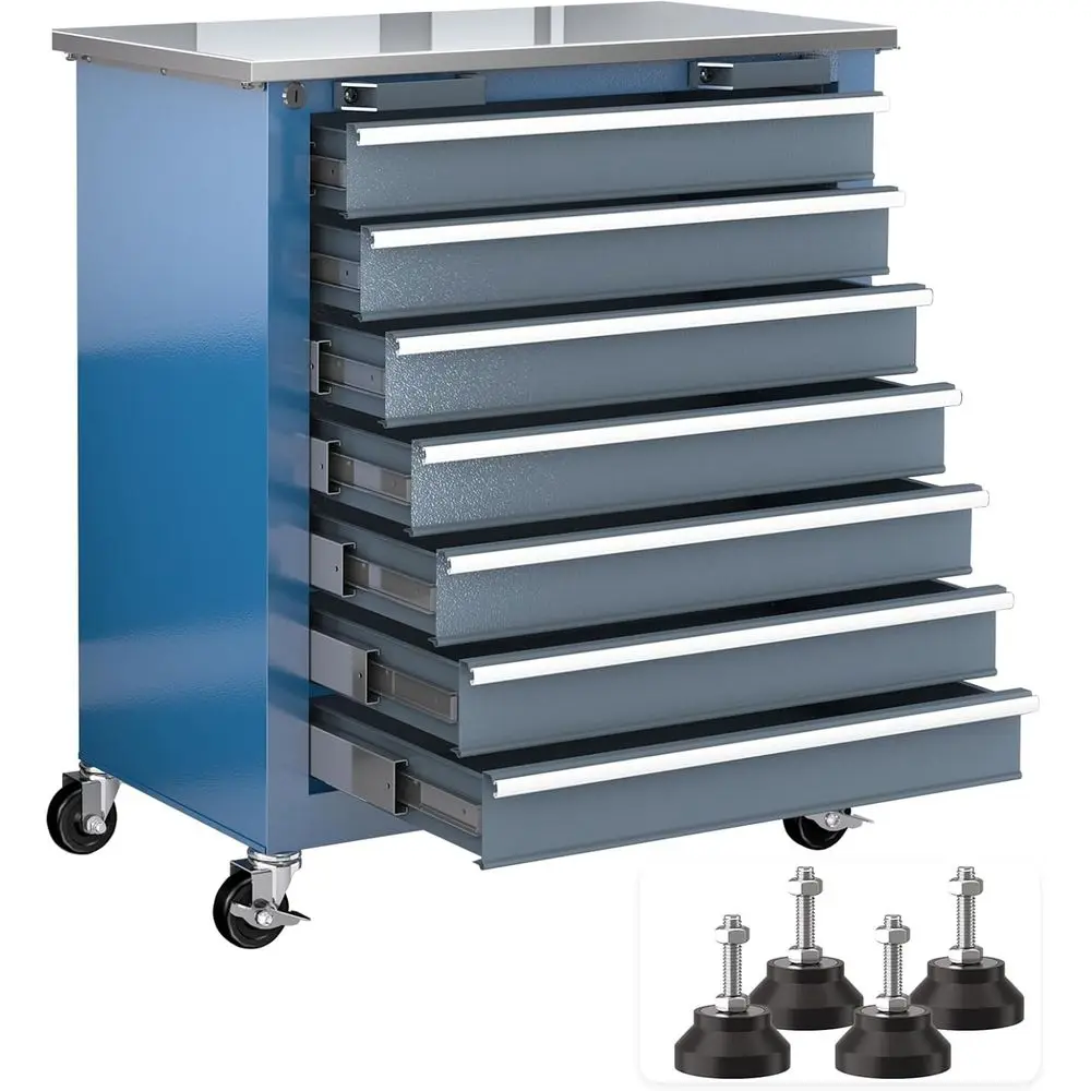 

Шкаф для инструментов на колесиках из нержавеющей стали с 7 ящиками и замком и поворотными колесами для домашнего, гаража и офисного использования