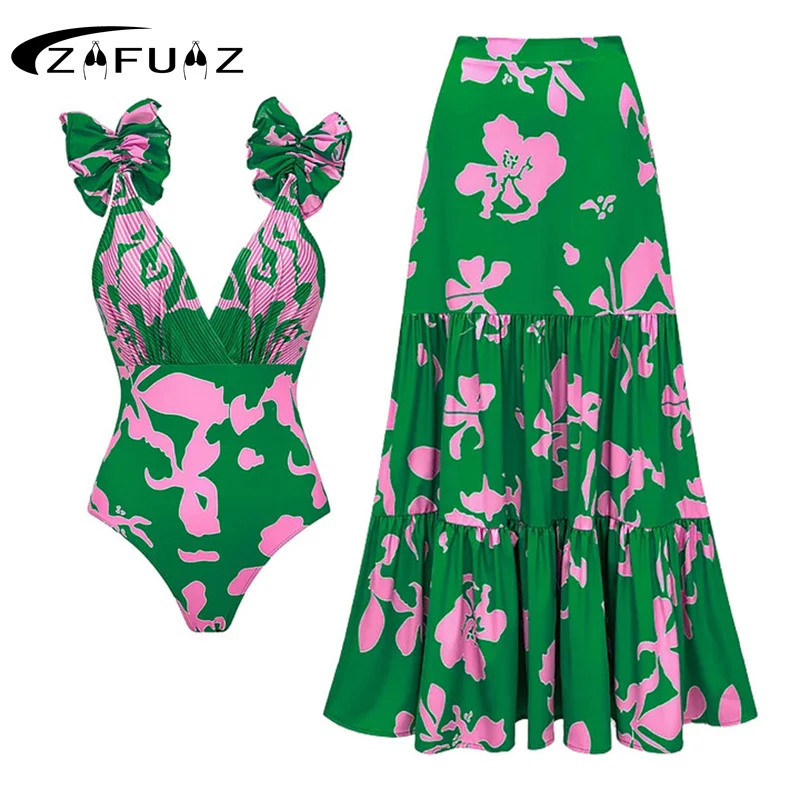 

ZAFUAZ Women Swimsuit V-Neck 3D Ruffle One Piece and Skirt Swimwear Set Vacation Beachwear Leaf Hollow Out Bathing Suit Dress