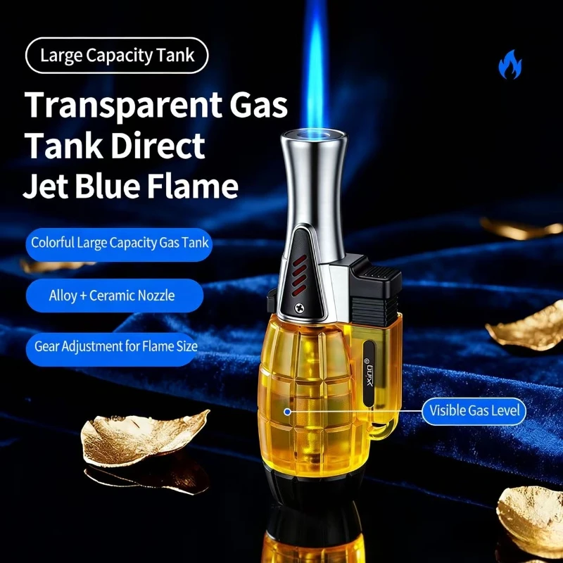 New Transparent Grenade Design Windproof Jet Blue Flame Butane Gas Lighter Safety Lock Fire Switch Portable Fun Cigar Lighters