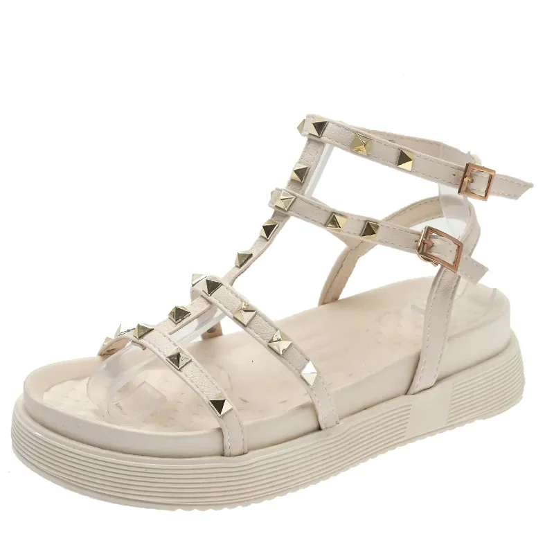 2023 Sandals Ladies Shoes Summer Clear Heels Med Muffins shoe Buckle Strap Suit Female Beige All-Match New Comfort Clogs Studded