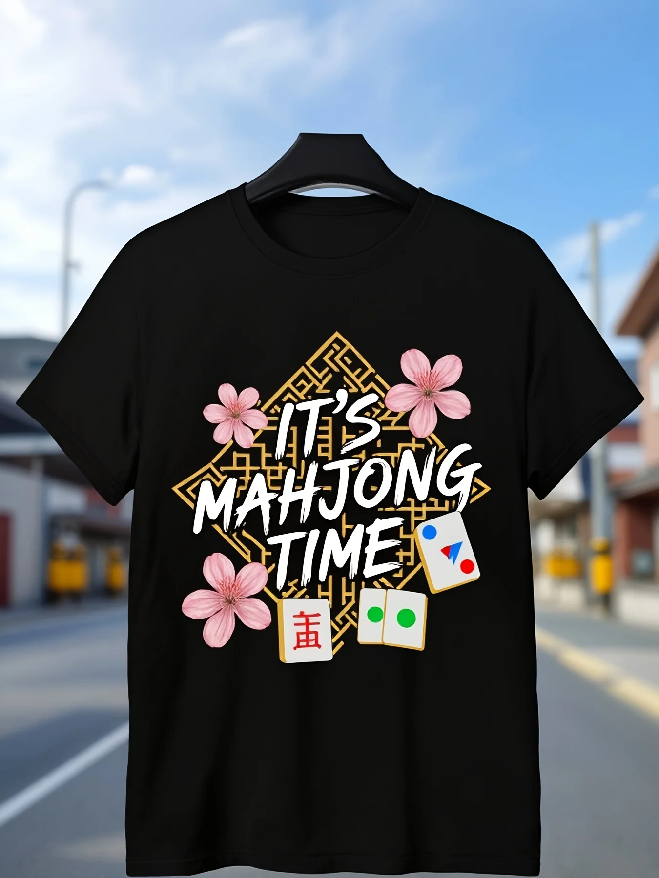 Mahjong Time TShirt Black Mahjong Tiles Cherry Blossoms And Text Design for Casual Wear Gaming Events And Party Outfits Long Sleeve Knit Fabric Relaxed Fit Full Size Fashionable Graphic Print 3pure Breathable sweat-wicking and soft suitable for dail