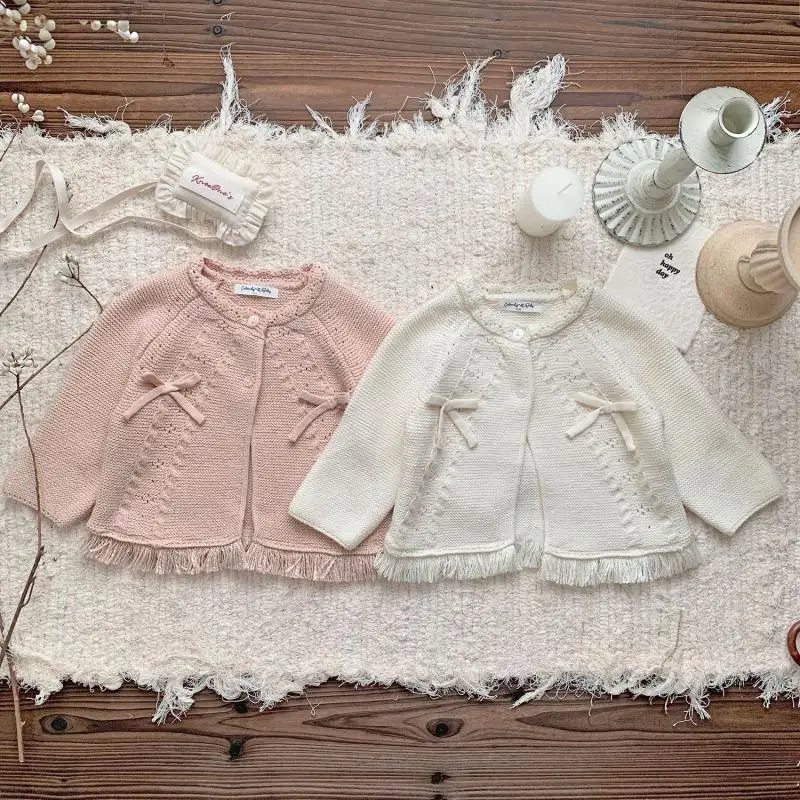 2024 New Baby Girl Solid Color Cardigan Fashion Tassel Knitted Cardigans Sweet Girls Versatile Knitting Sweater Round Neck Coat