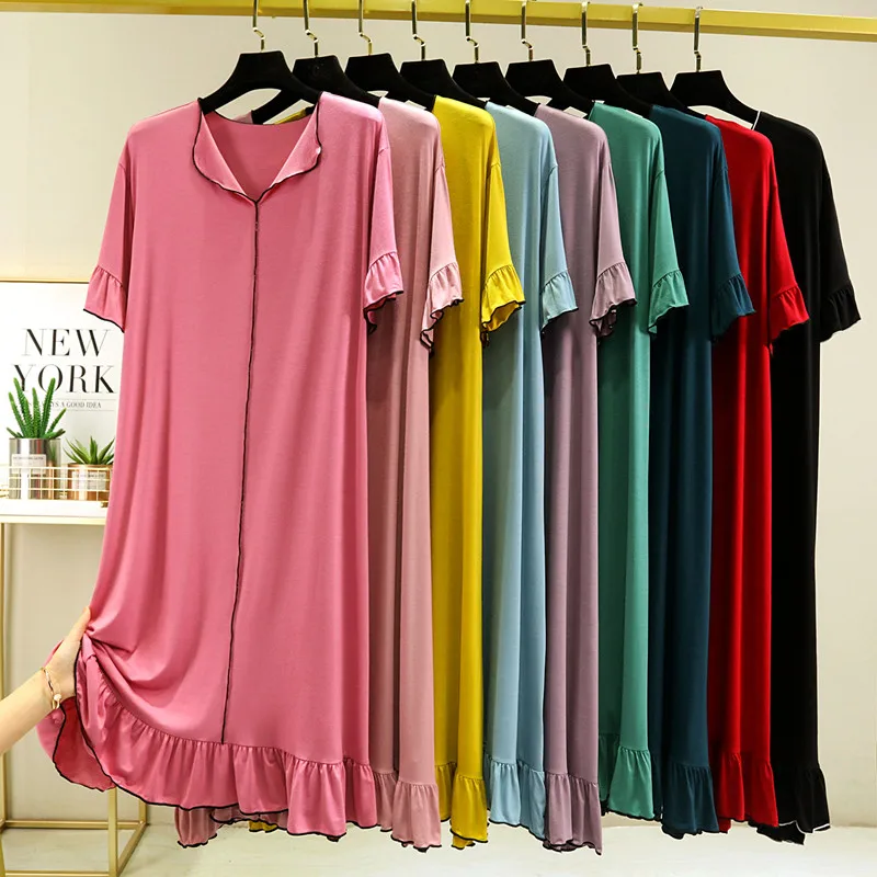 Fdfklak Casual V Neck Short Sleeve Night Dress Women Modal Cotton Nightgowns For Female Loose Long Nightdress рубашка женская