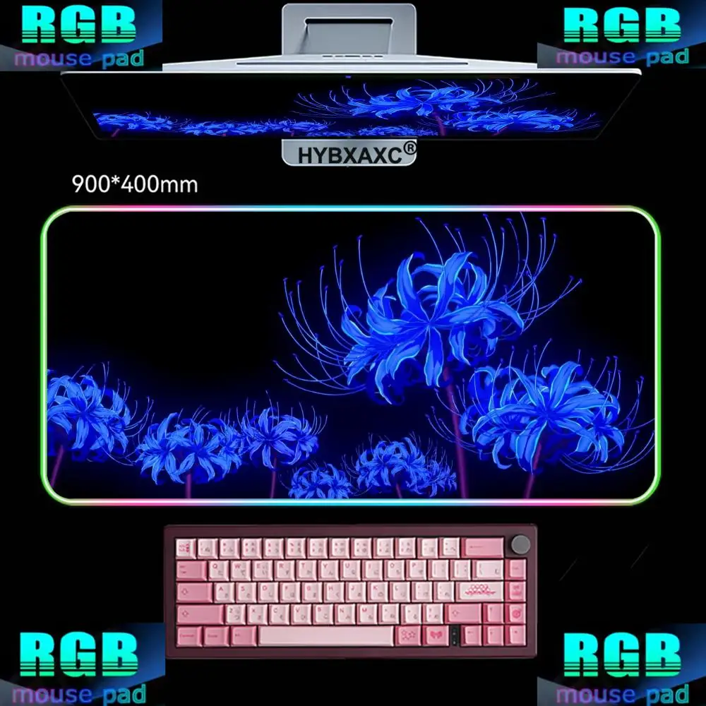 HYBXAXC Mouse Pad RGB Gaming Mouse Pad Desk Mat HD Gamer Large LED Light XXL Black Background Red White Flowers RGB Mouse Pad