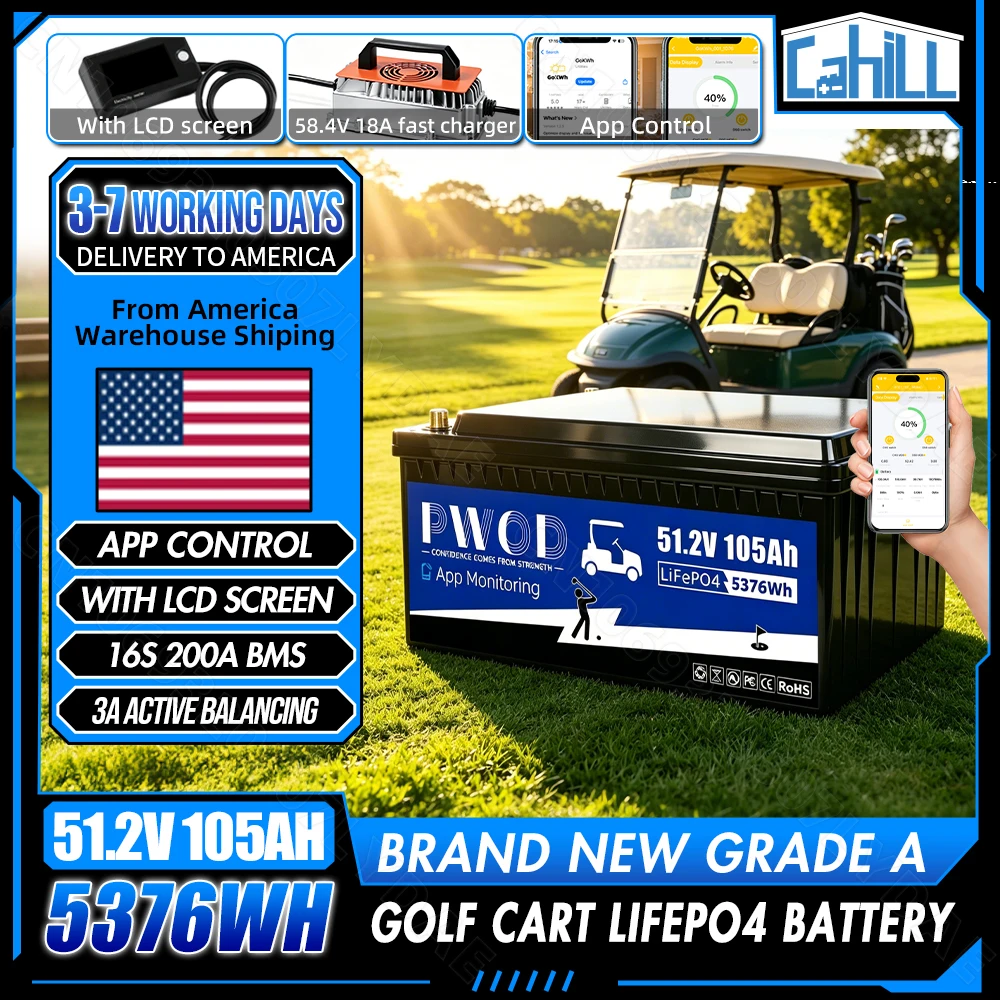 Grade A 48V 105ah Lifepo4 Battery Pack 3A Active Balancing 5736WH With Charger LCD Screen Built-in 16S 200A Smart Bluetooth BMS 51.2V Rechargeable Golf Cart LFP Battery For RV Home Solar Energy Storage Golf Cart Battery