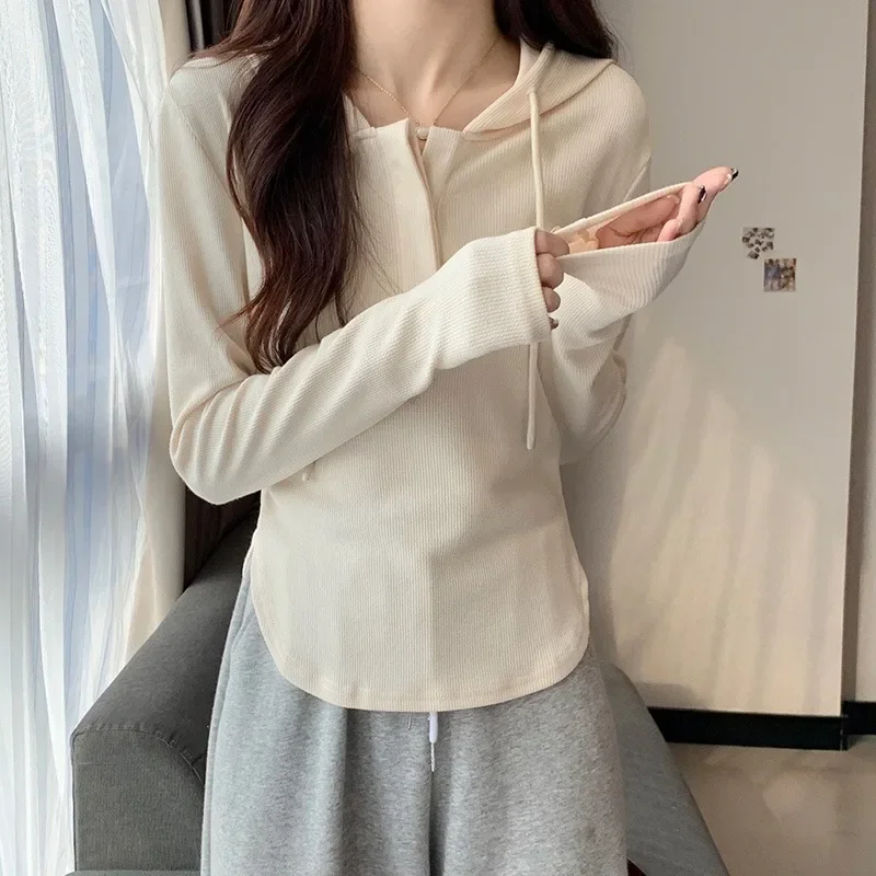 New Women Hooded T-shirts Spring Autumn Solid Colors Single Breasted Tops Long Sleeve Hoodies Slim Casual Tees Bottoming Shirts