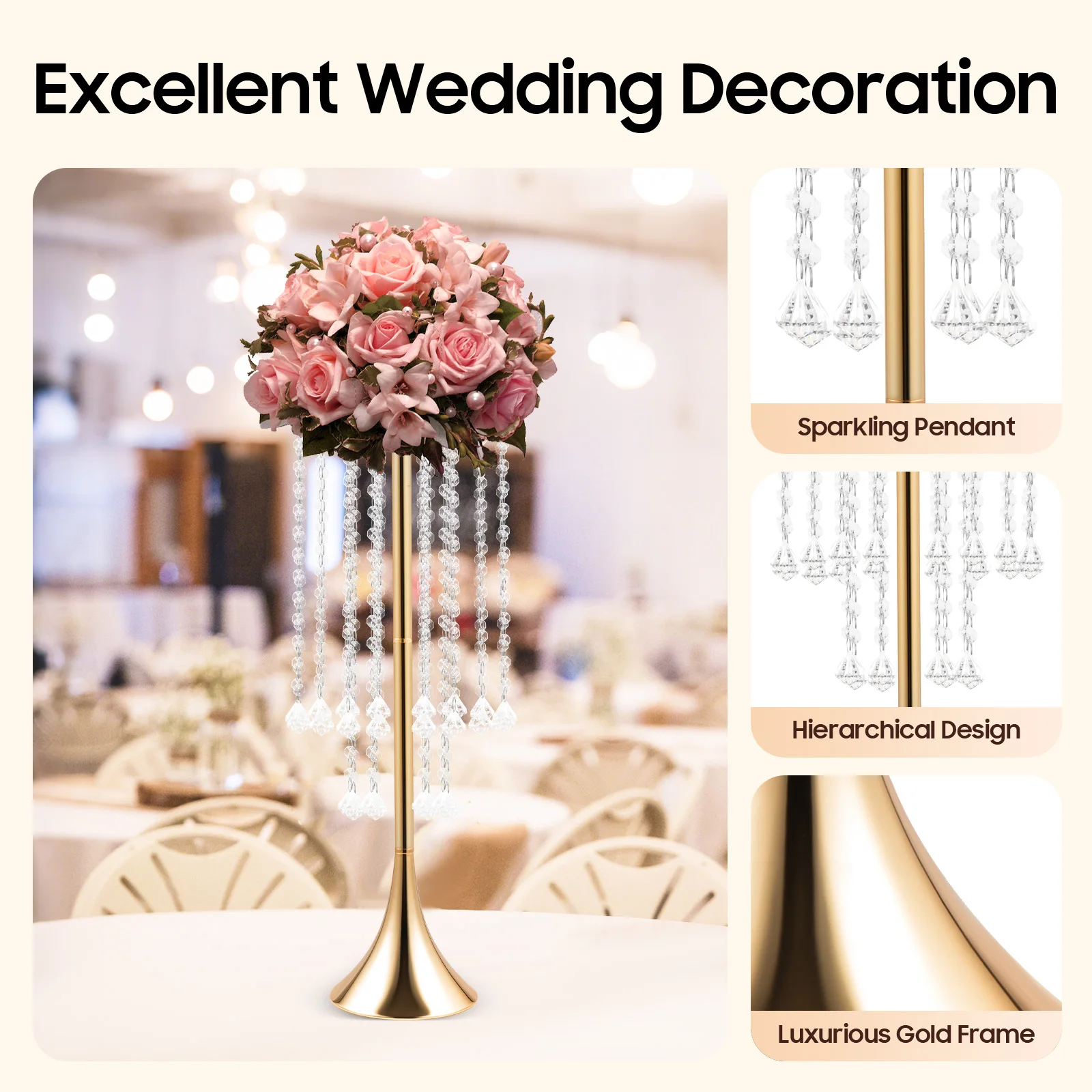 10Pcs Acrylic Crystal Flower Vases – Iron + Hand-Strung Beads – Gold Trumpet Shape 21.9