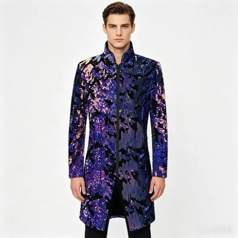 

Men Velvet Sequin Long Blazer Stand Collar Zipper Slim Suit Jacket Star Singer Concert Stage Performance Party Long Coat