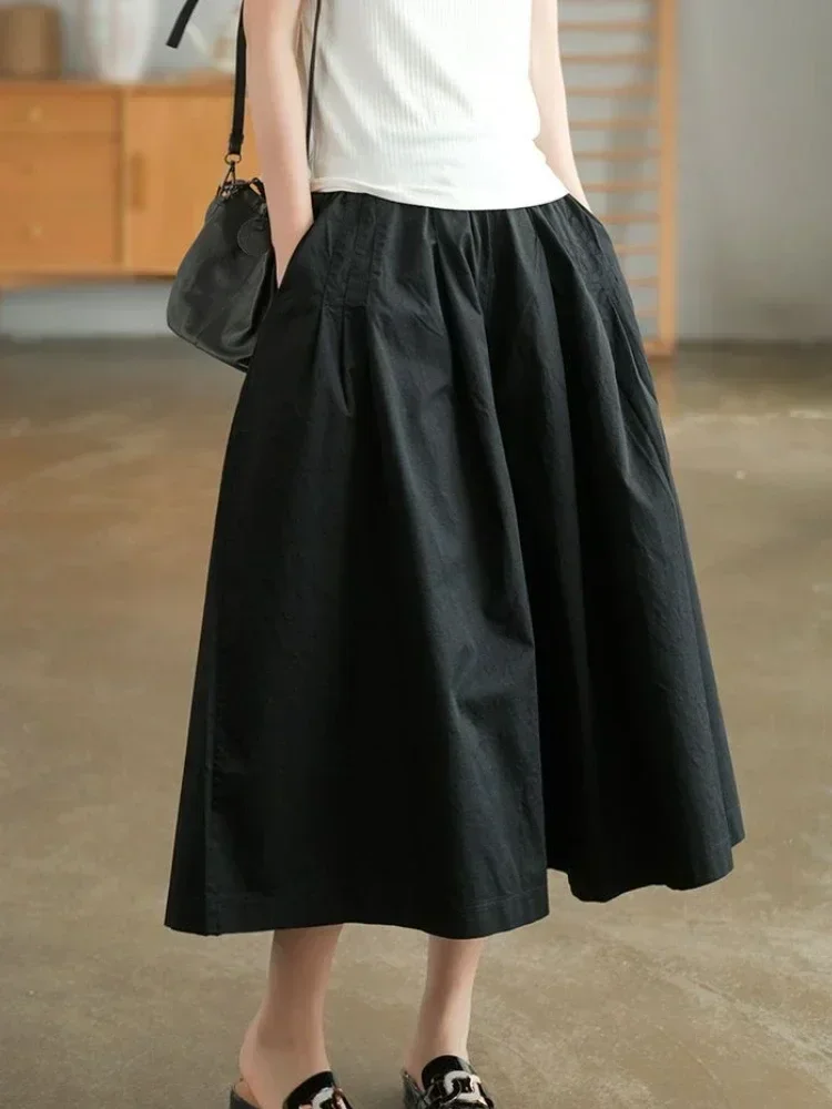 カーキ色のレディースパンツ、100％純綿、カジュアルでゆったりとしたゴムウエストのスカートパンツ、2026年夏新作、レトロな黒のワイドレッグパンツ、女性用