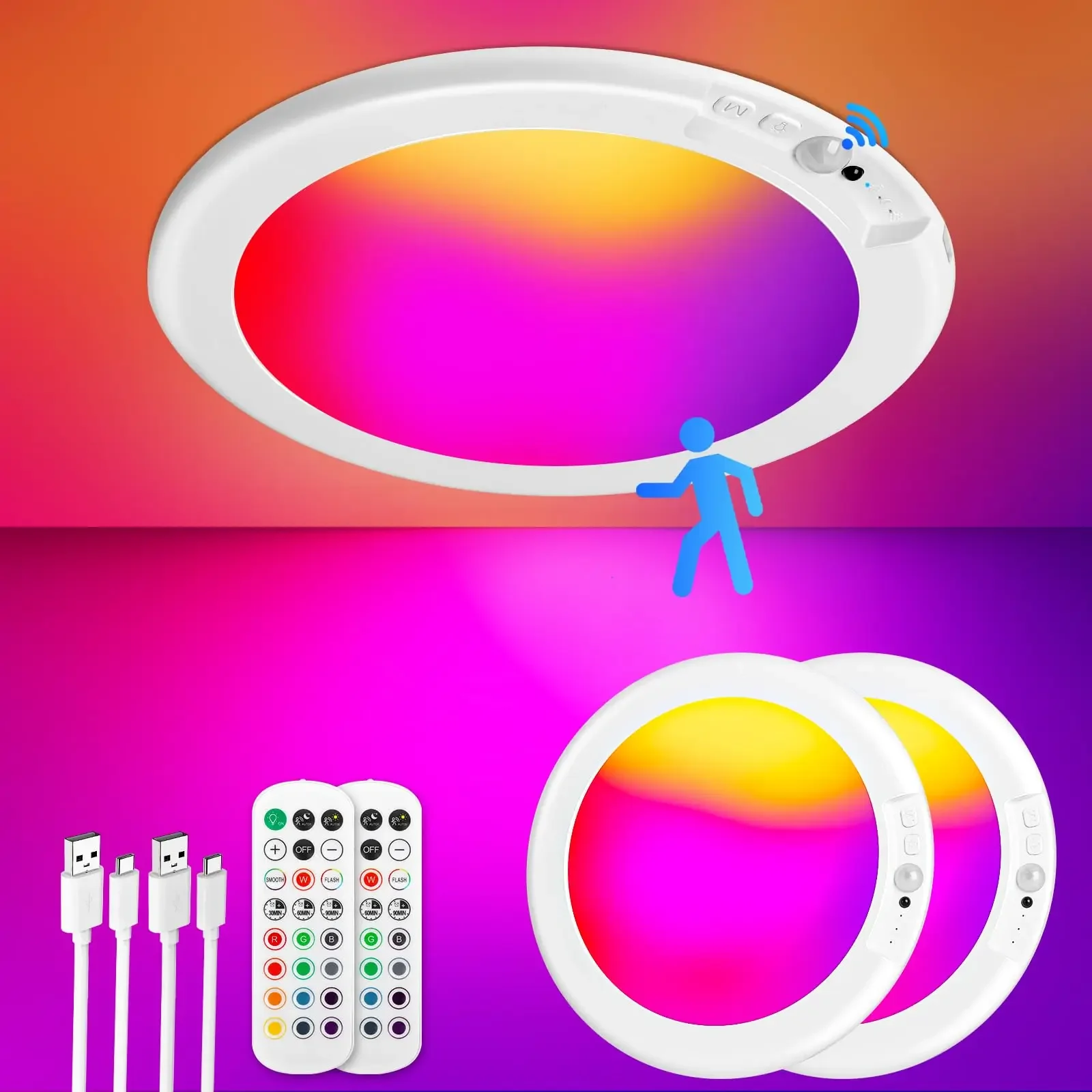 2Pack Rechargeable RGB Ceiling Lights with Remote, Motion Sensor Magnetic LED Room Lights for Bedroom, Gaming Setup, Dorm and Closet