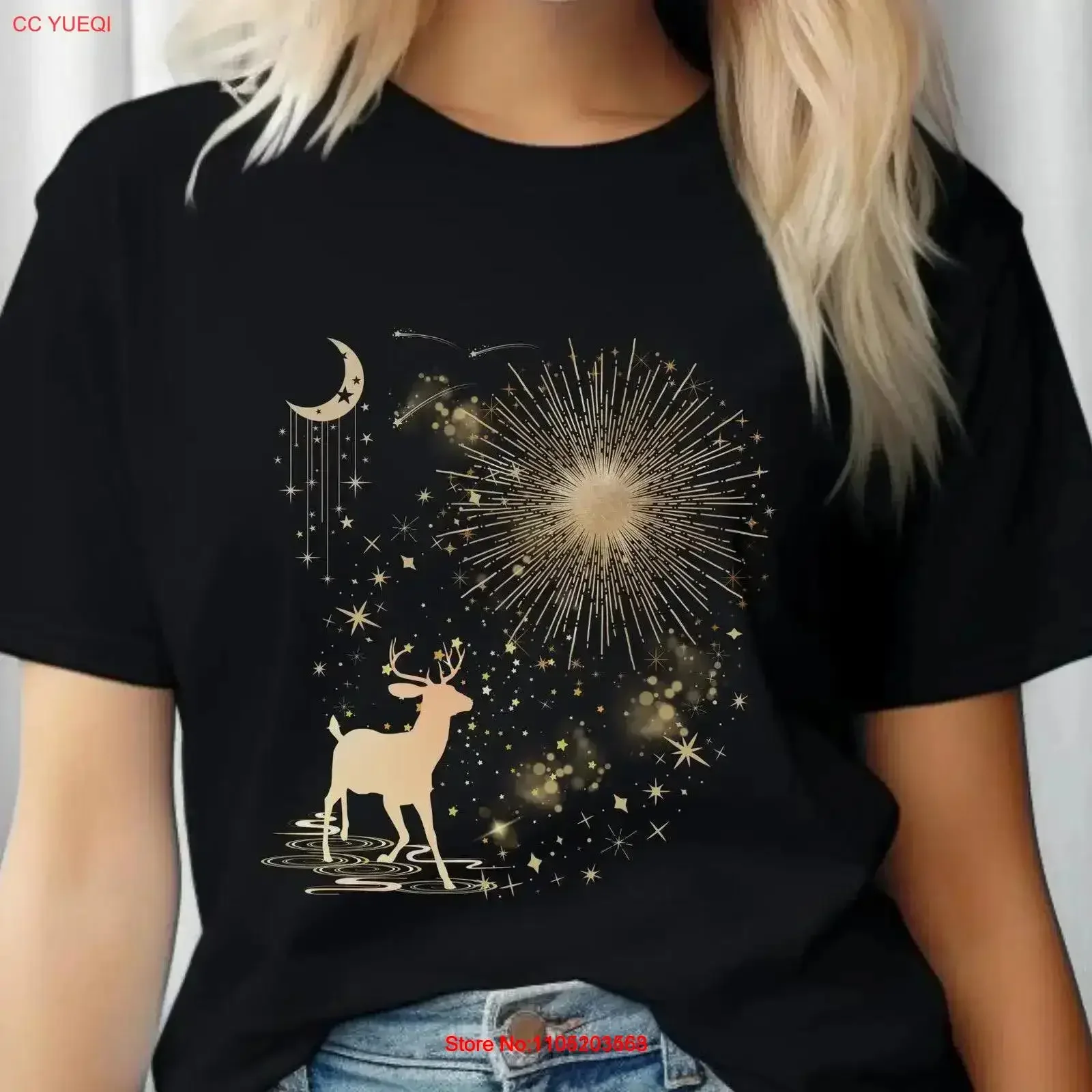 Celestial Moon Star T Shirt Reindeer Magical Chasing Gold Boho Style Vintage Astrology Zodiac Top for Her Women Friend Mom
