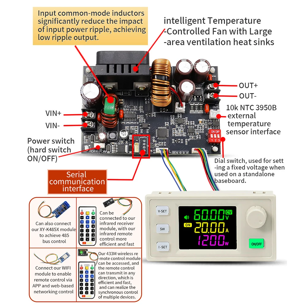 XY6020LV Регулируемый источник питания постоянного тока с ЧПУ DC-DC Понижающий стенд 6-70 В до 0-60 В 1200 Вт Стабилизированный понижающий преобразователь MPPT Солнечная зарядка