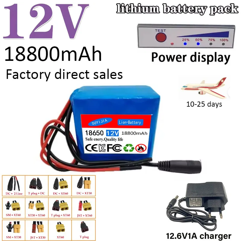 

Lithium Ion ASTE High Capacity Battery, Integrated Smart Charger, BMS 18650, 3S4P, 12V, 18.8 AH, 12.6V 1A+battery Level Display