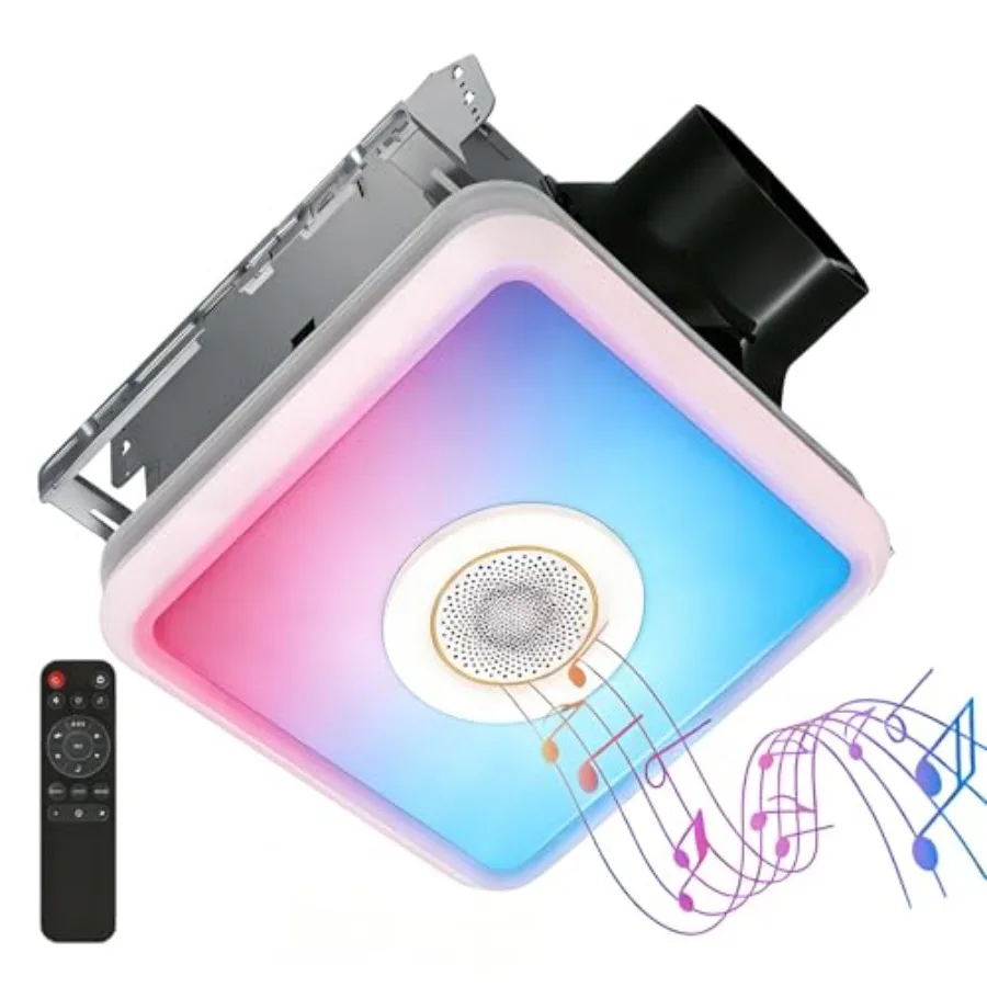 

Вытяжной вентилятор для ванной комнаты 160CFM с подсветкой и Bluetooth-колонкой, 7 режимов RGB-подсветки с синхронизацией музыки, 1500 лм, 3000K, 4000K, 5000K, ночник