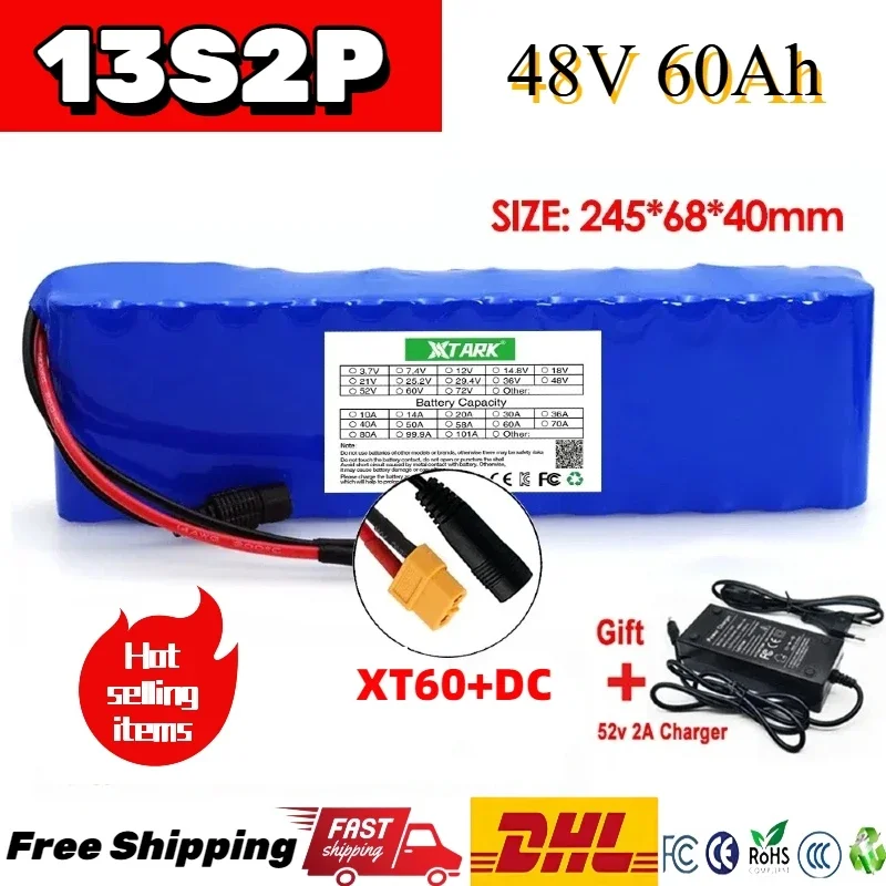 

13S2P E-bike 48v Battery Pack 60Ah 18650 Lithium Ion Battery 1000w Bike Motorcycle Conversion Kit Electric Scooter BMS +Charger