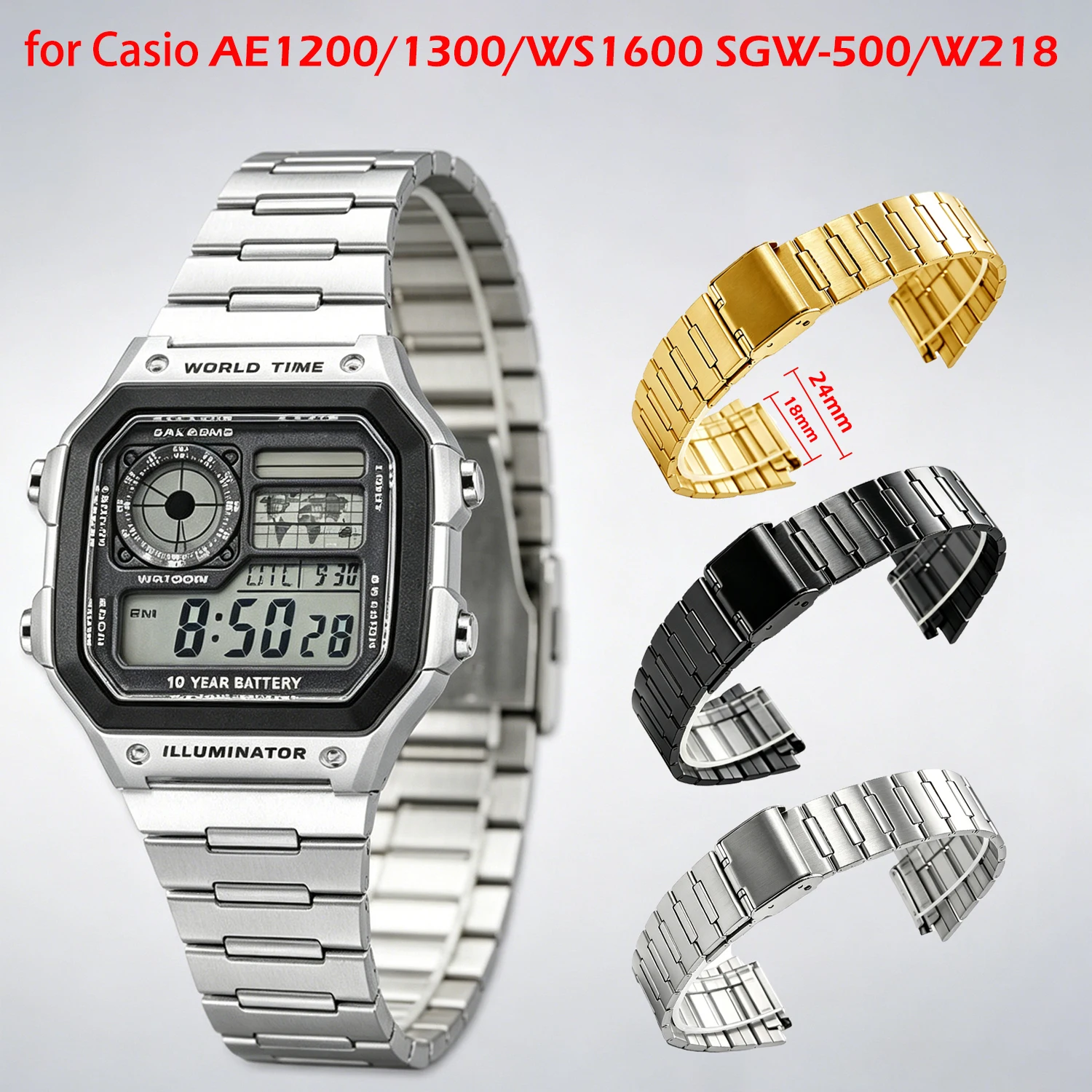 18mm Diving Stainless Steel Watch Strap for Casio AE1200 AE1300 WS1600 SGW-500 W218 Watch Case Wristband Replacement Bracelet