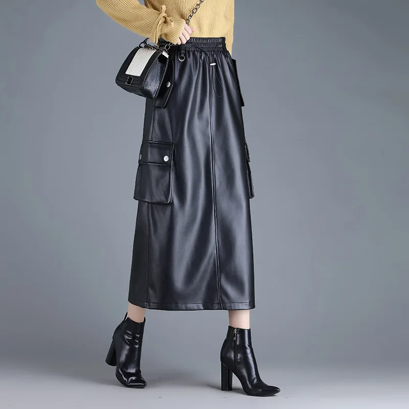 Black overalls PU leather skirt elastic waist pocket long skirt