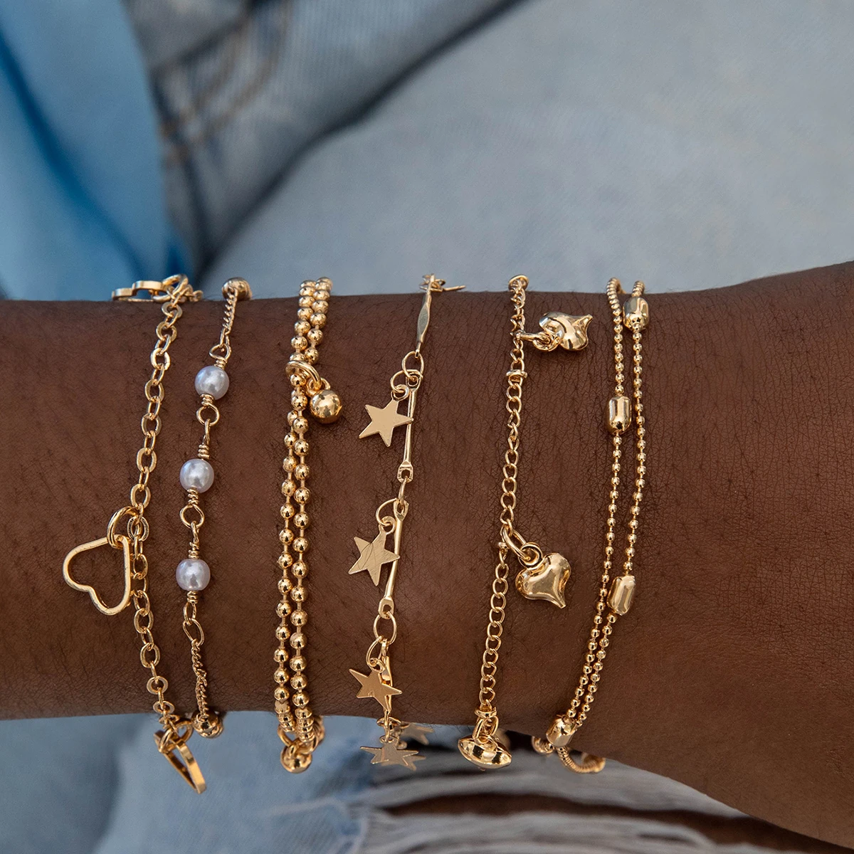 Tocona Simple de varios plantas Color dorado geometría de mal de ojo para mujer conjunto de pulsera de temperamento cuerda de mano accesorio de joyería