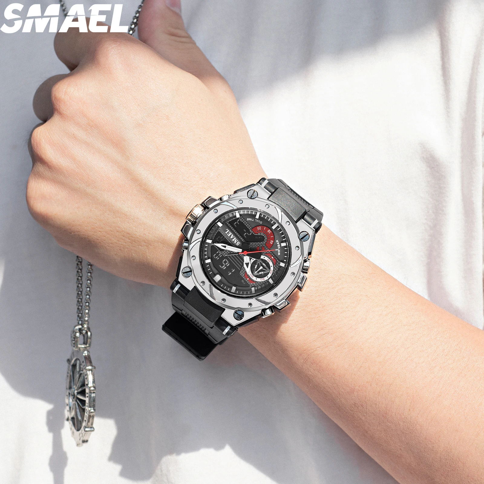 SMAEL Sport Quartz Watches LED DisplayShock Resistant 50M Waterproof Alarm Clock Analog Digitals 8060 For Men